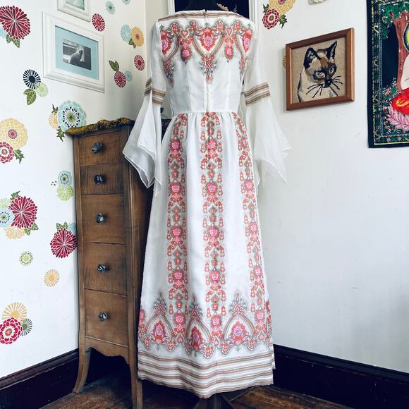 Vintage Alfred Shaheen Bell Sleeve Maxi Dress, 1970s Pink Paisley Gown Sz XS - Picture 6 of 10